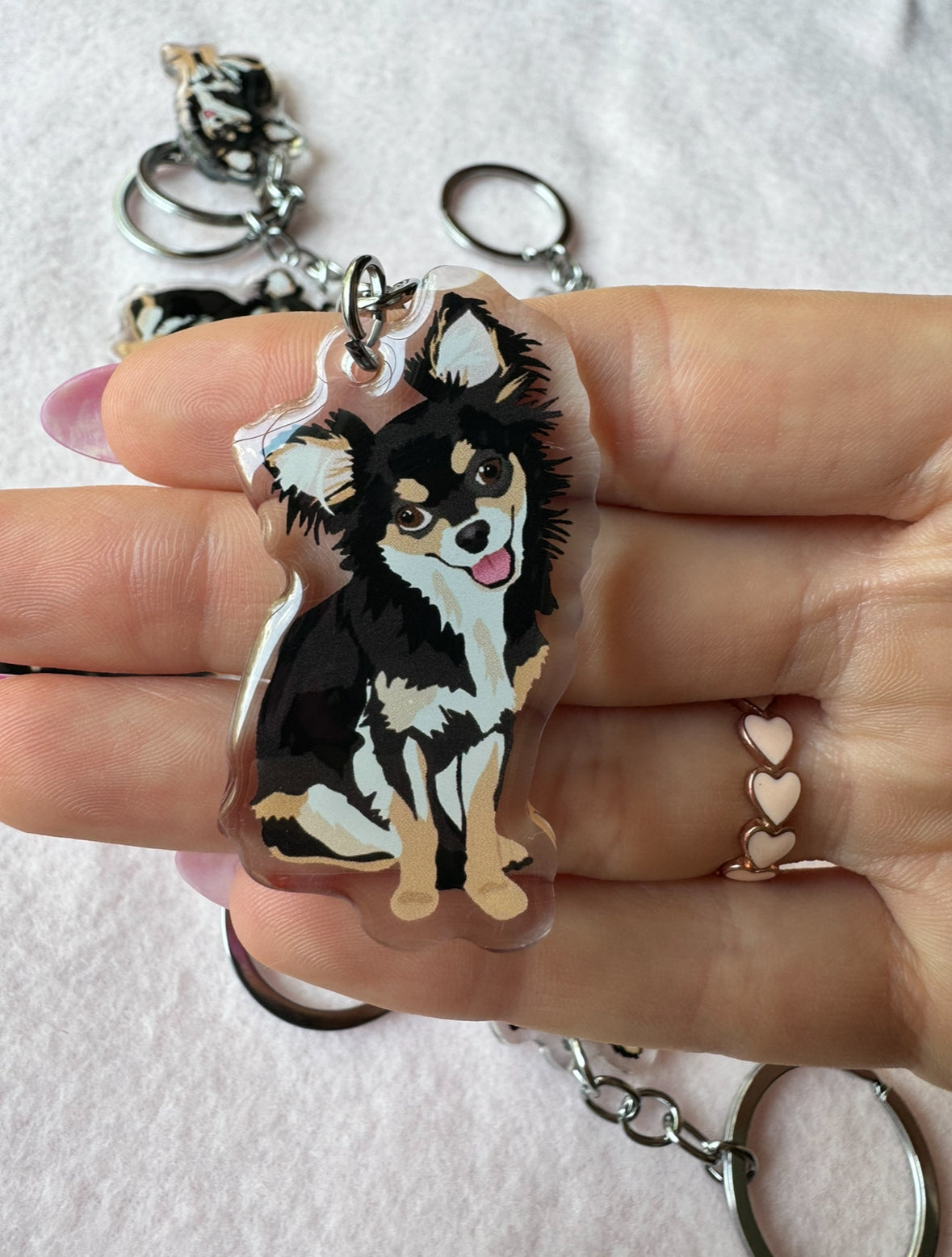 Chihuahua (long haired tri colored) Keychain