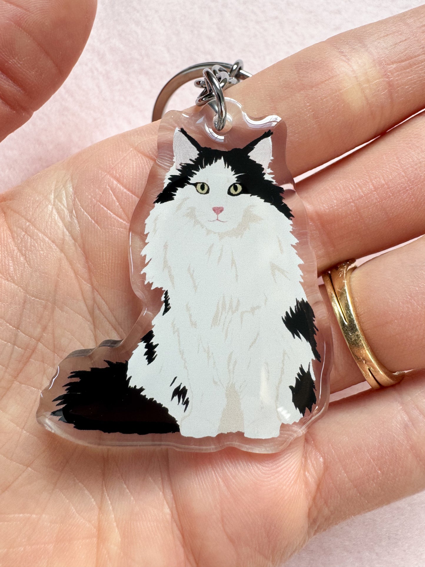 Black and White (long haired) Cat Keychain
