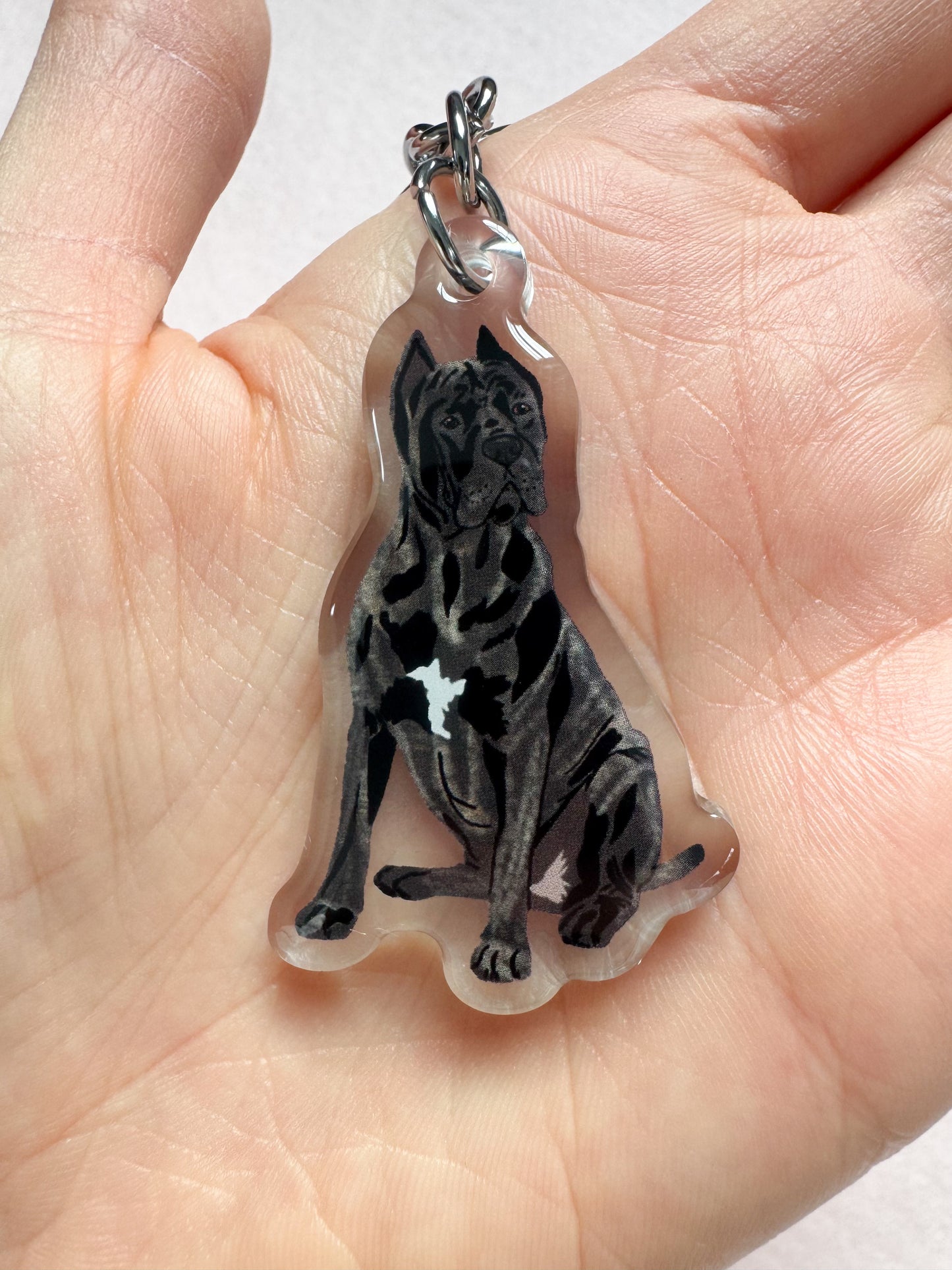 Cane Corso (brindle, cropped ears), Italian Mastiff Keychain