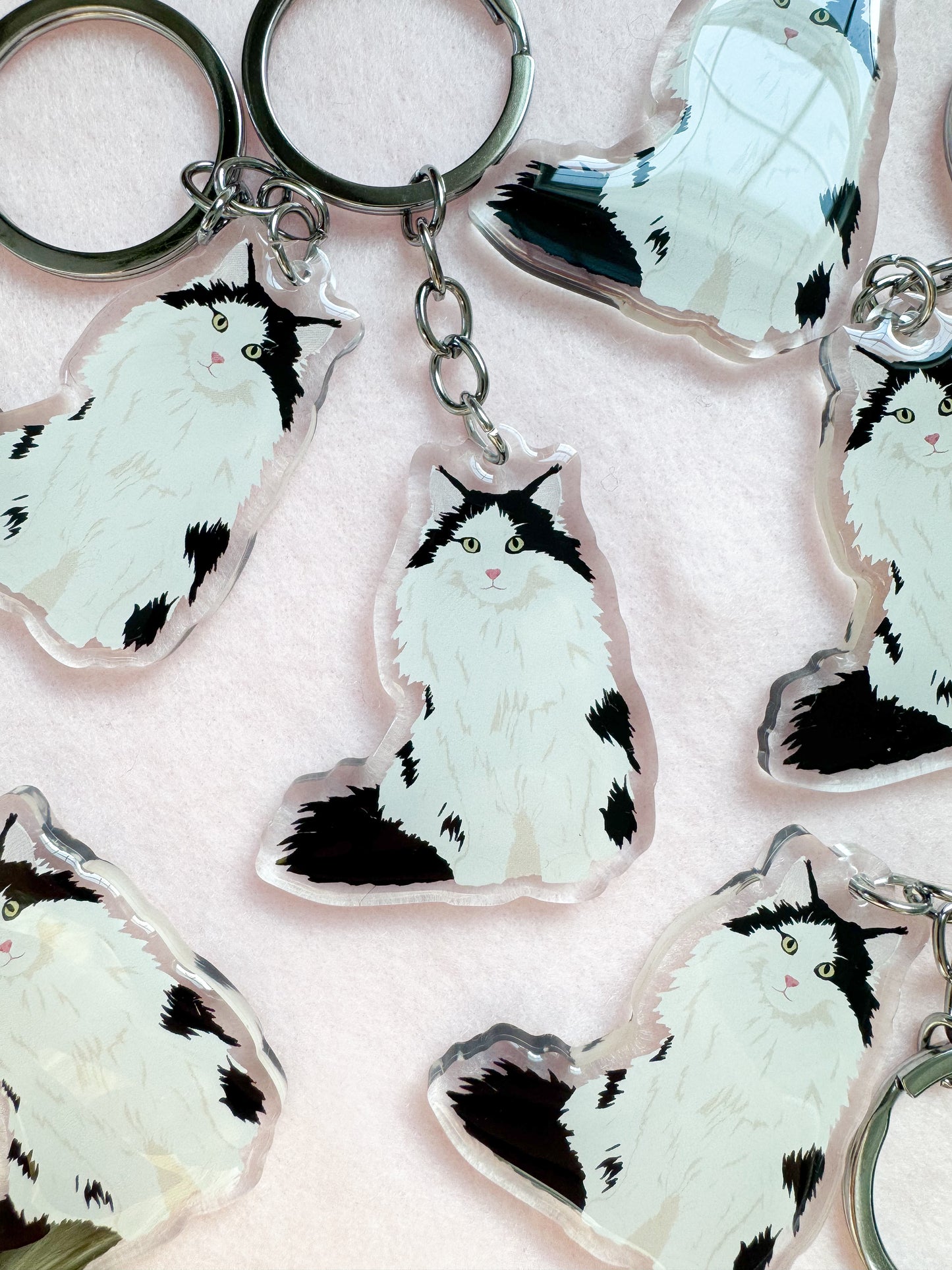 Black and White (long haired) Cat Keychain