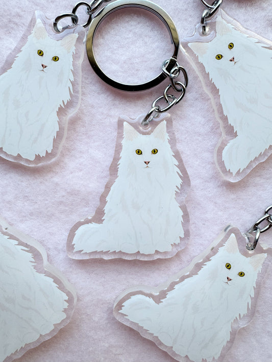 Turkish Angora, Fluffy White Cat Keychain