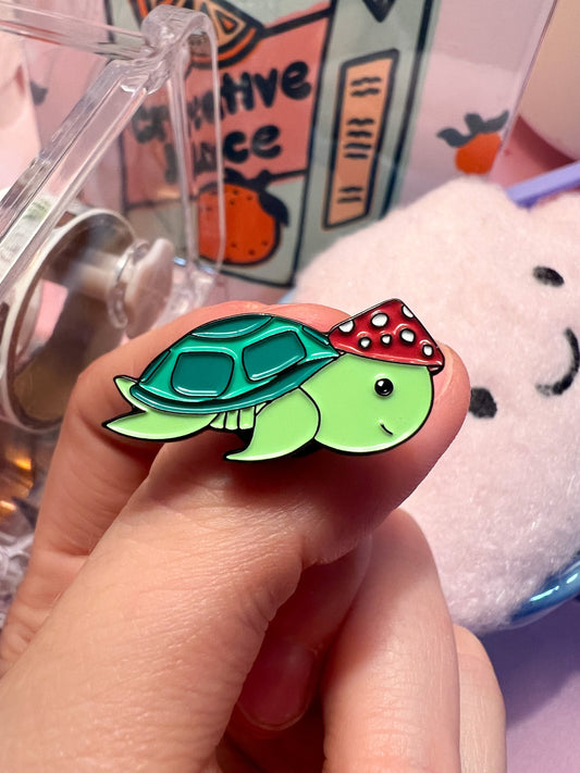 Turtle with Mushroom Hat Pin